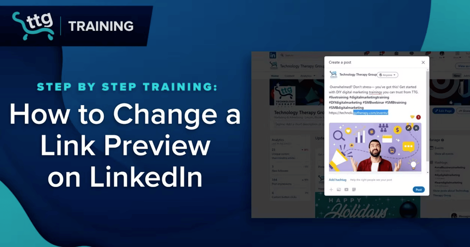 graphic with the words how to change a link preview on linkedin and an image of a linkedin post with a link embedded
