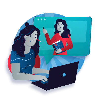 a graphic of woman learning on her laptop