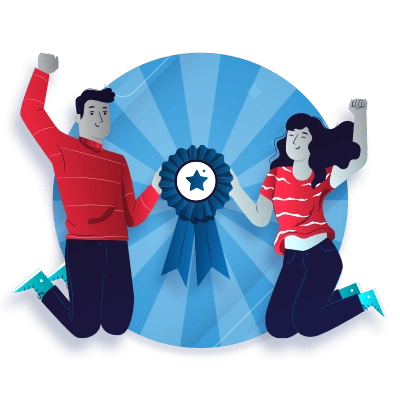 a graphic of man and woman jumping up from an award