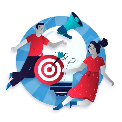 A graphic of a man and woman floating around a lightbulb, alongside a target and megaaphone
