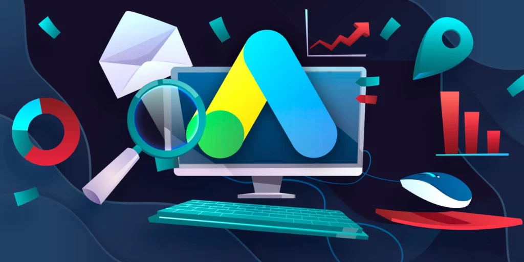illustration of desktop computer with the Google Ads logo overlaid on top