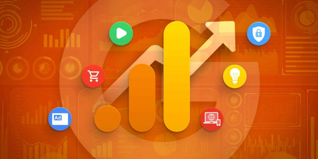 illustration with an orange background and the Google Analytics logo in the foreground surrounding by digital marketing icons