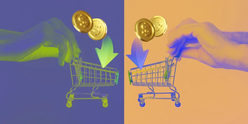 shopping carts and coins - comparison shoppers