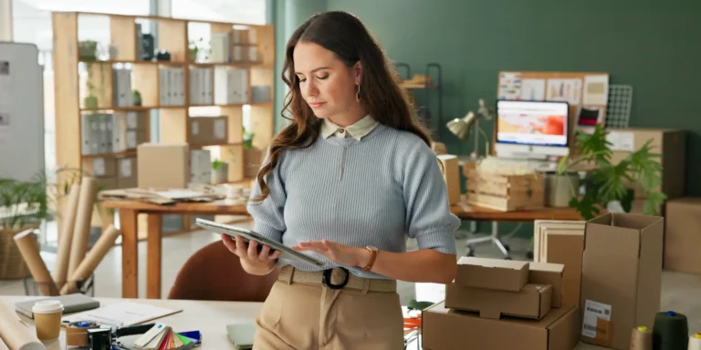 woman using a tablet surrounded by boxes