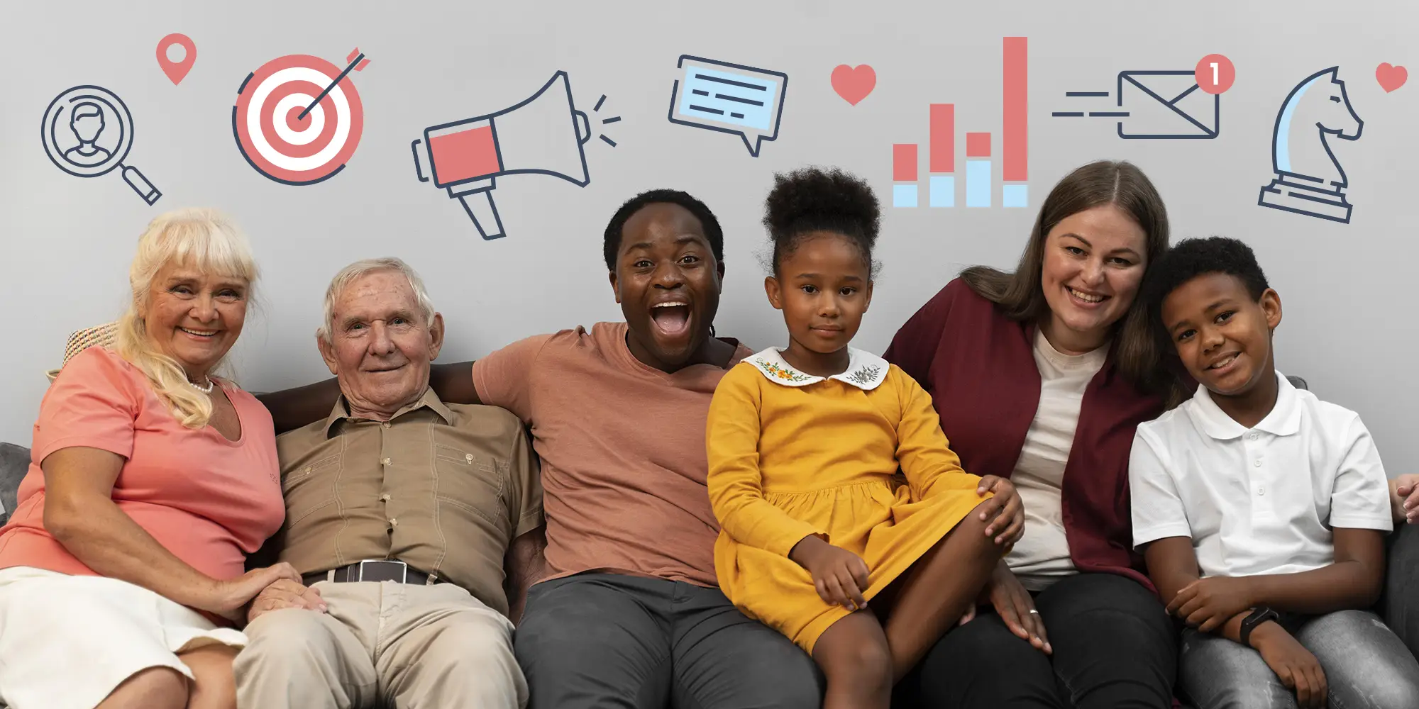 Family of various ages sitting on a couch