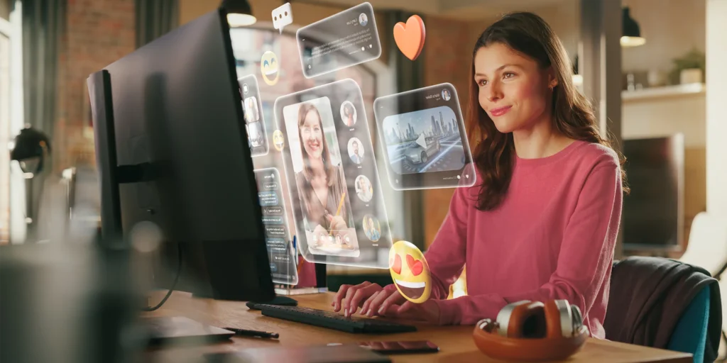 Woman at a desk using computer to review social media trends