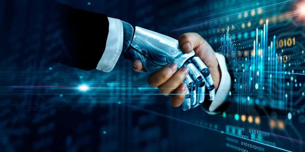 robot hand and human hand shaking hands to represent Using AI for Smarter Business Decisions