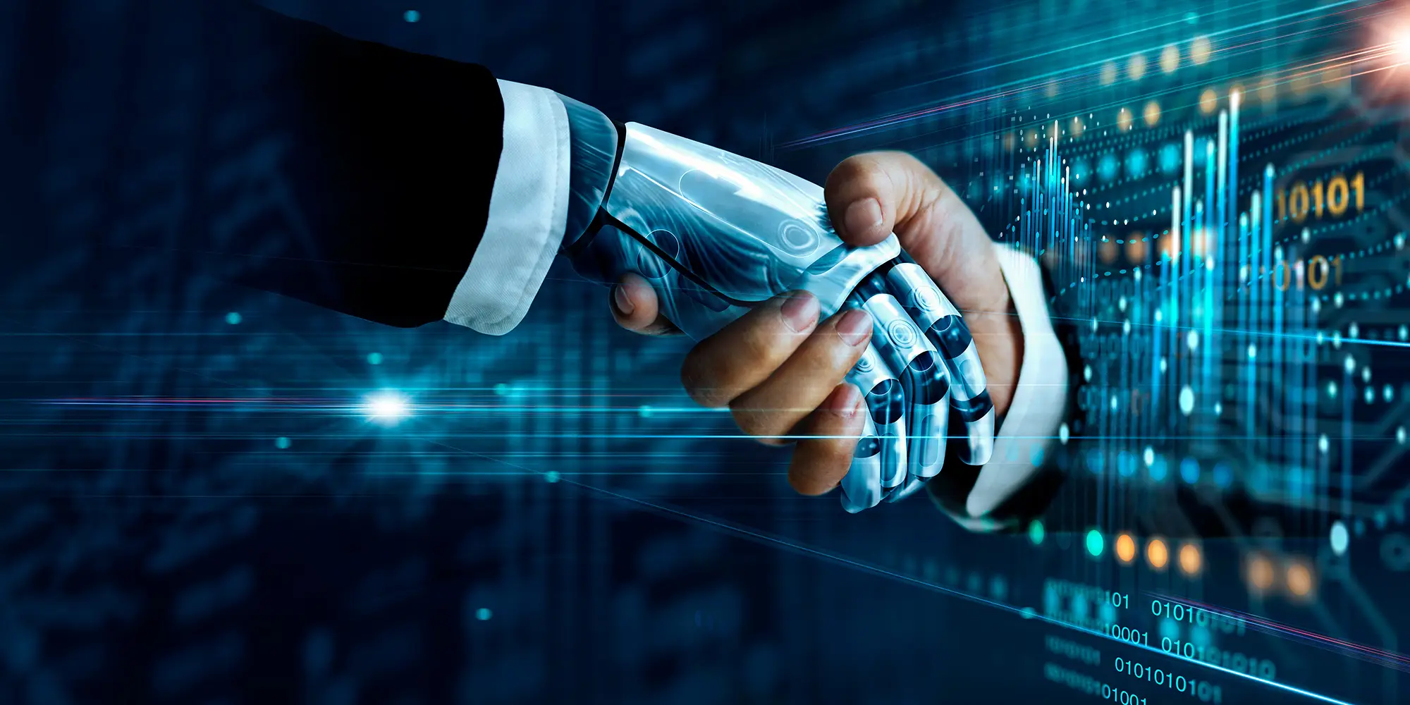 robot hand and human hand shaking hands to represent Using AI for Smarter Business Decisions