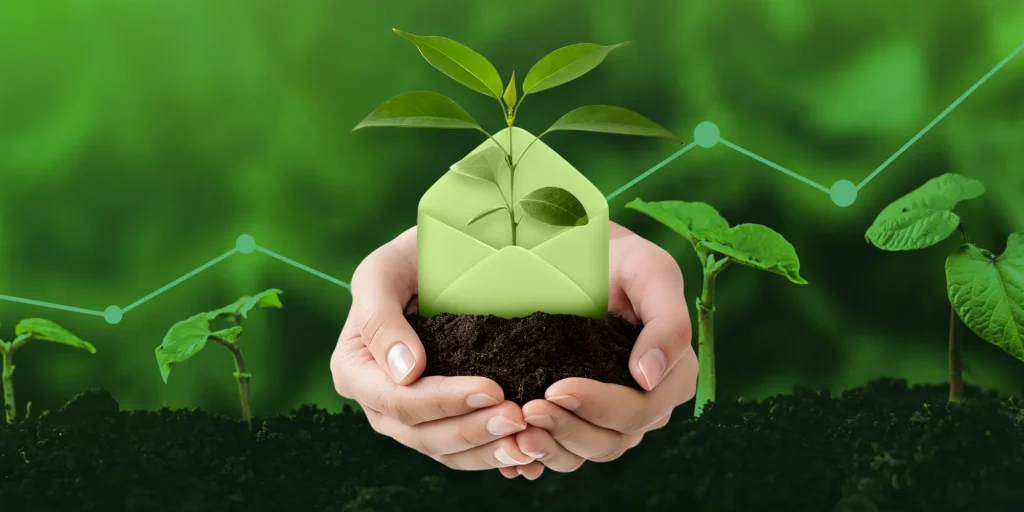 hands holding soil and an envelope with a plant growing out of it to represent nurture campaigns