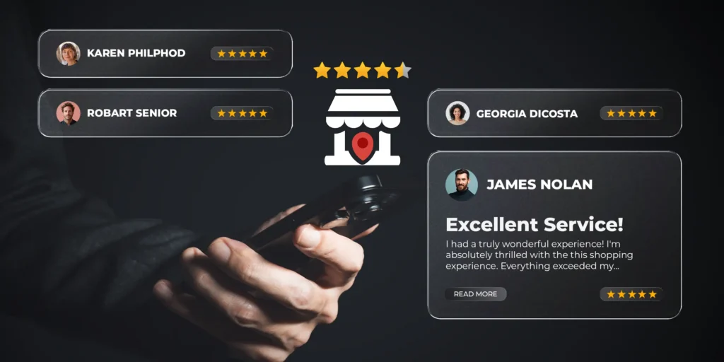 person holding phone with product reviews surrounding