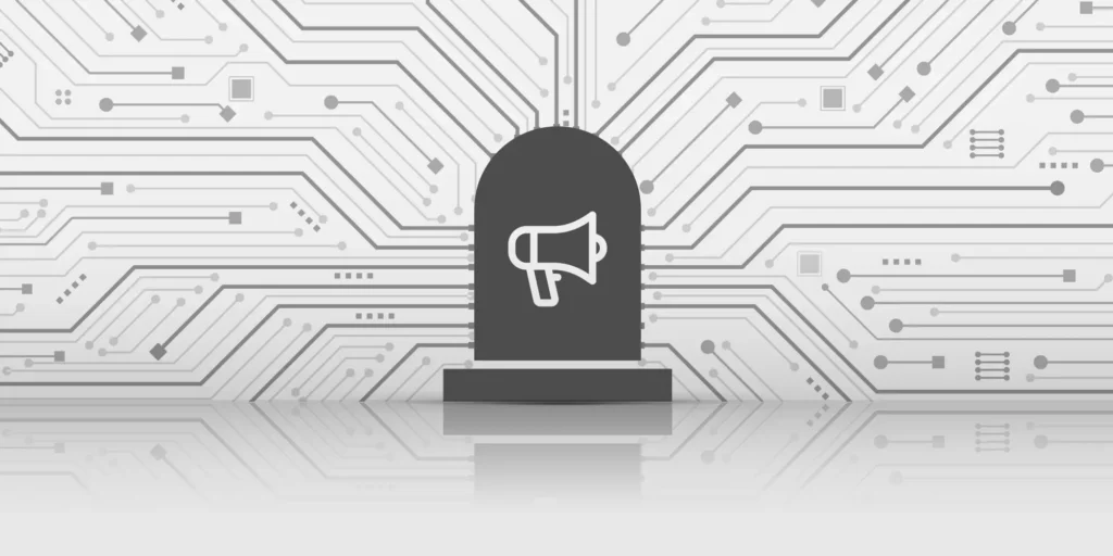 TTG webinar graphic: grey megaphone with circuitry in background