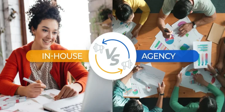 one person on the left representing the concept of in-house marketing and a team of people on the right representing a marketing agency