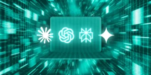 webinar graphic: AI tools displayed on a laptop screen in a futuristic teal design