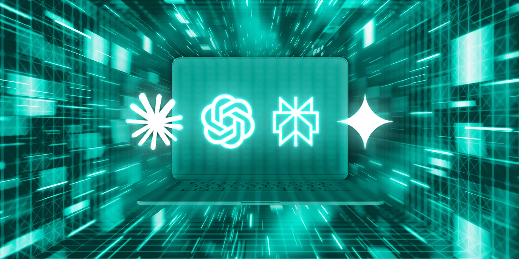 webinar graphic: AI tools displayed on a laptop screen in a futuristic teal design