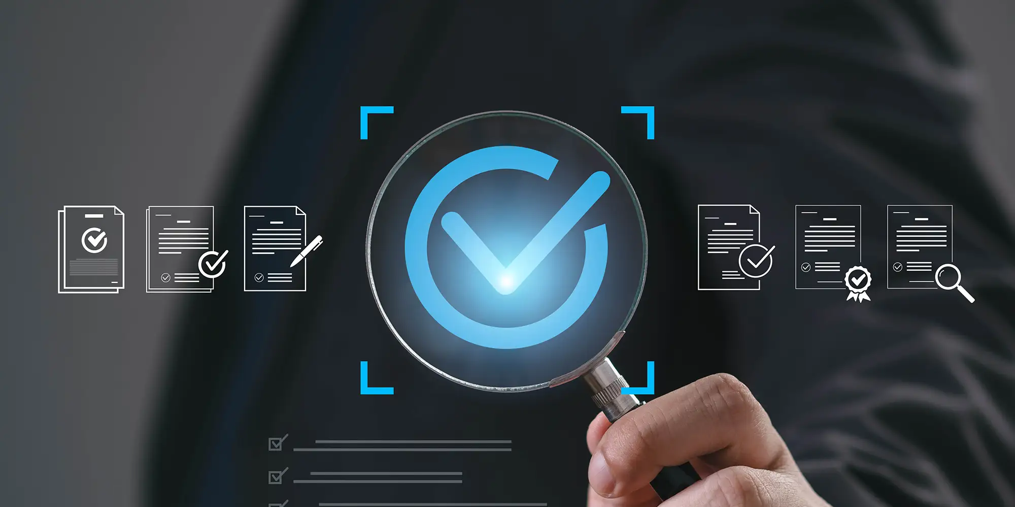 person holding a magnifying glass with a checkmark to represent standard operating procedures for small businesses