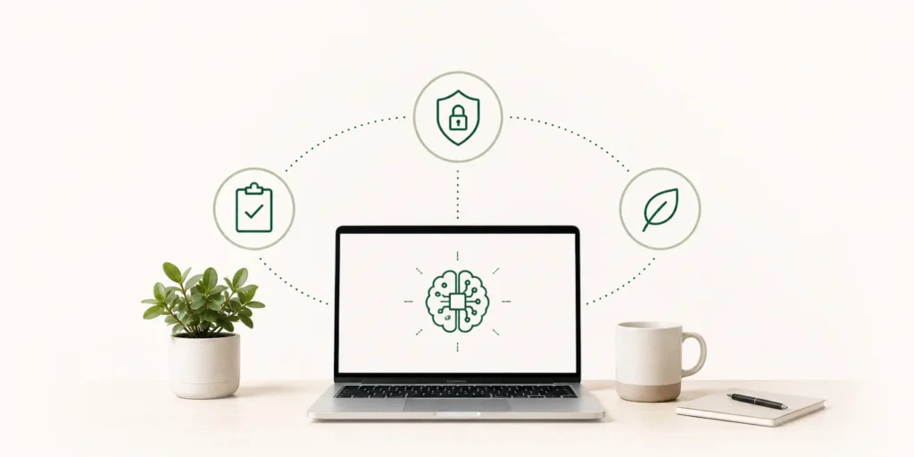 TTG blog graphic - laptop showing an AI brain icon with security, checklist, and sustainability symbols