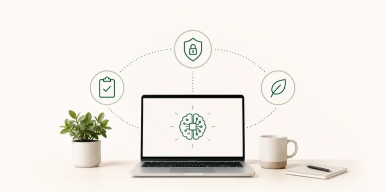 TTG blog graphic - laptop showing an AI brain icon with security, checklist, and sustainability symbols