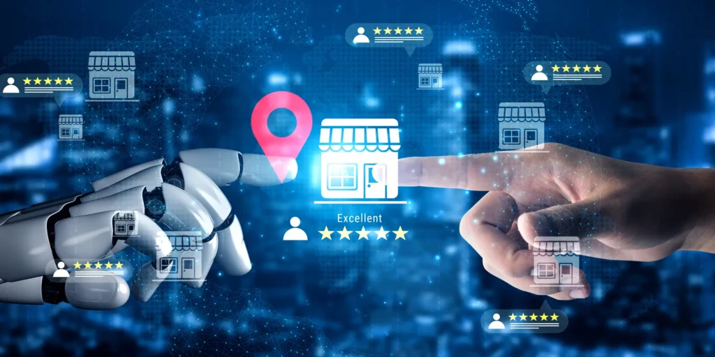 robot hand and human hand to represent AI search visibility