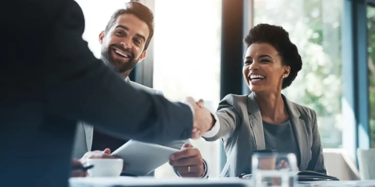 people shaking hands during business meeting