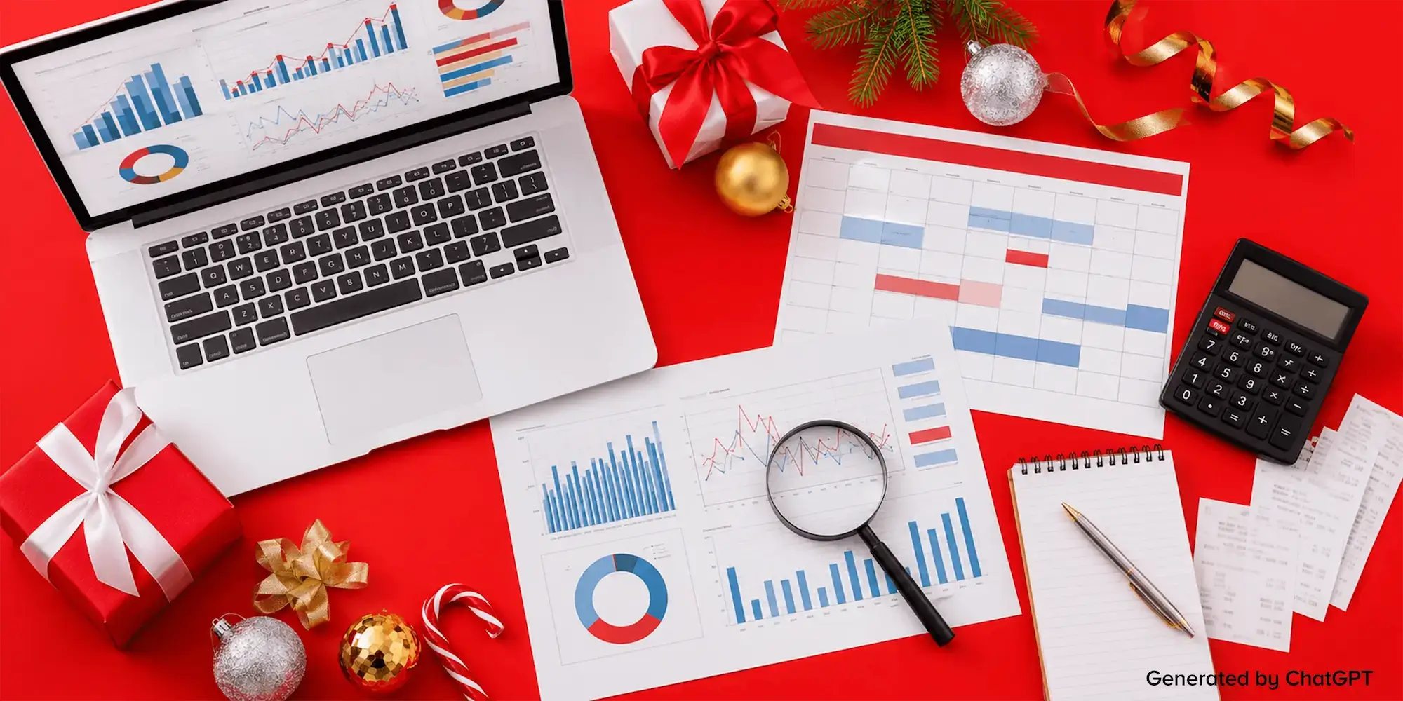 Holiday retail planning workspace with laptop showing charts, calendar, calculator, notebook, and festive decorations on a red background.