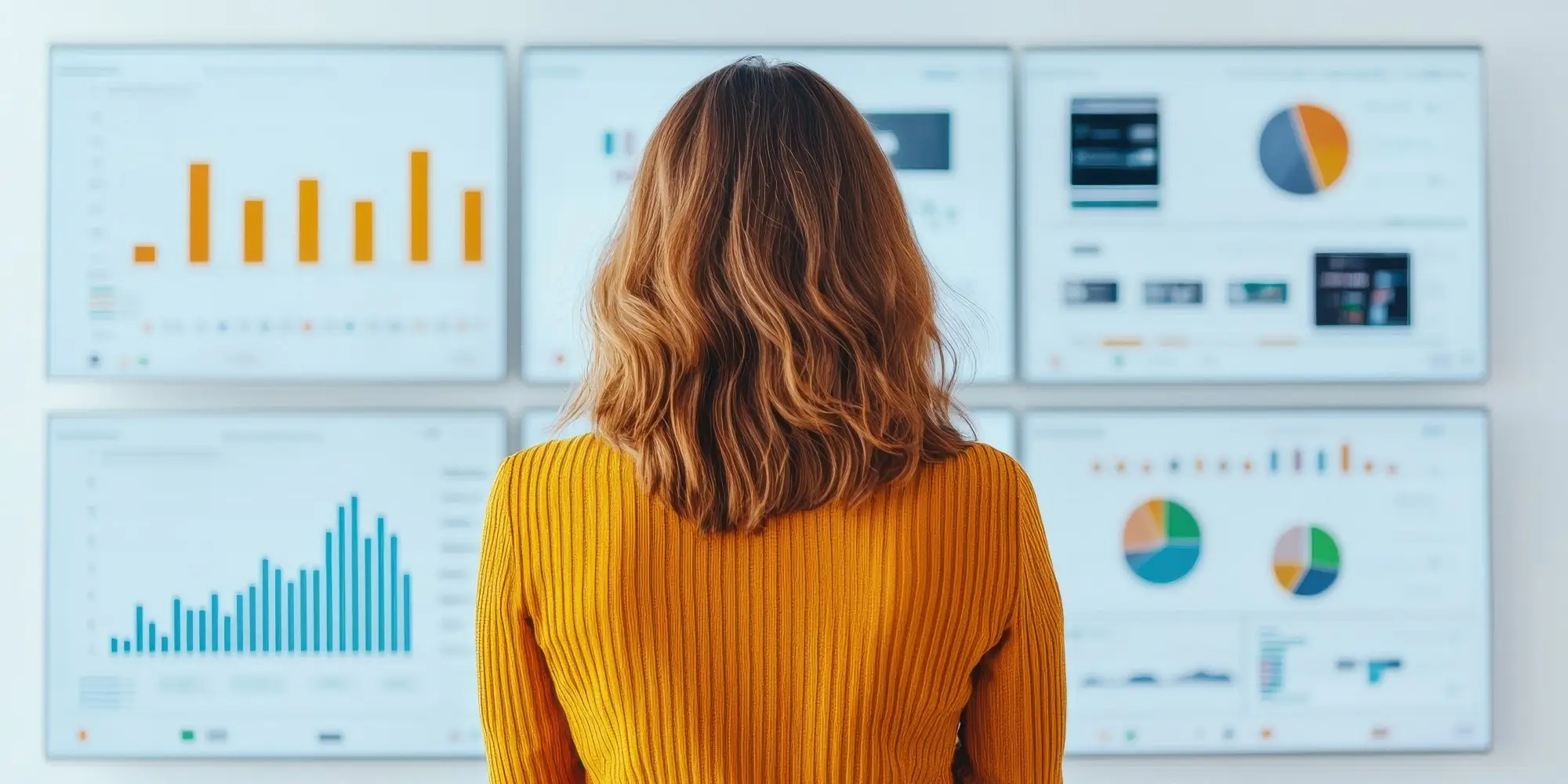 Woman business owner standing in front of graphs with marketing data
