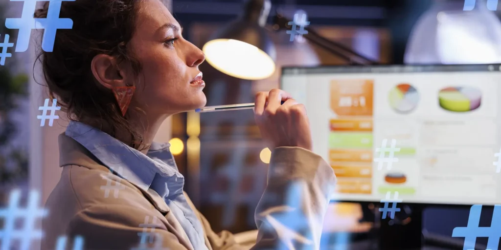 Woman at a computer making marketing decisions for her business