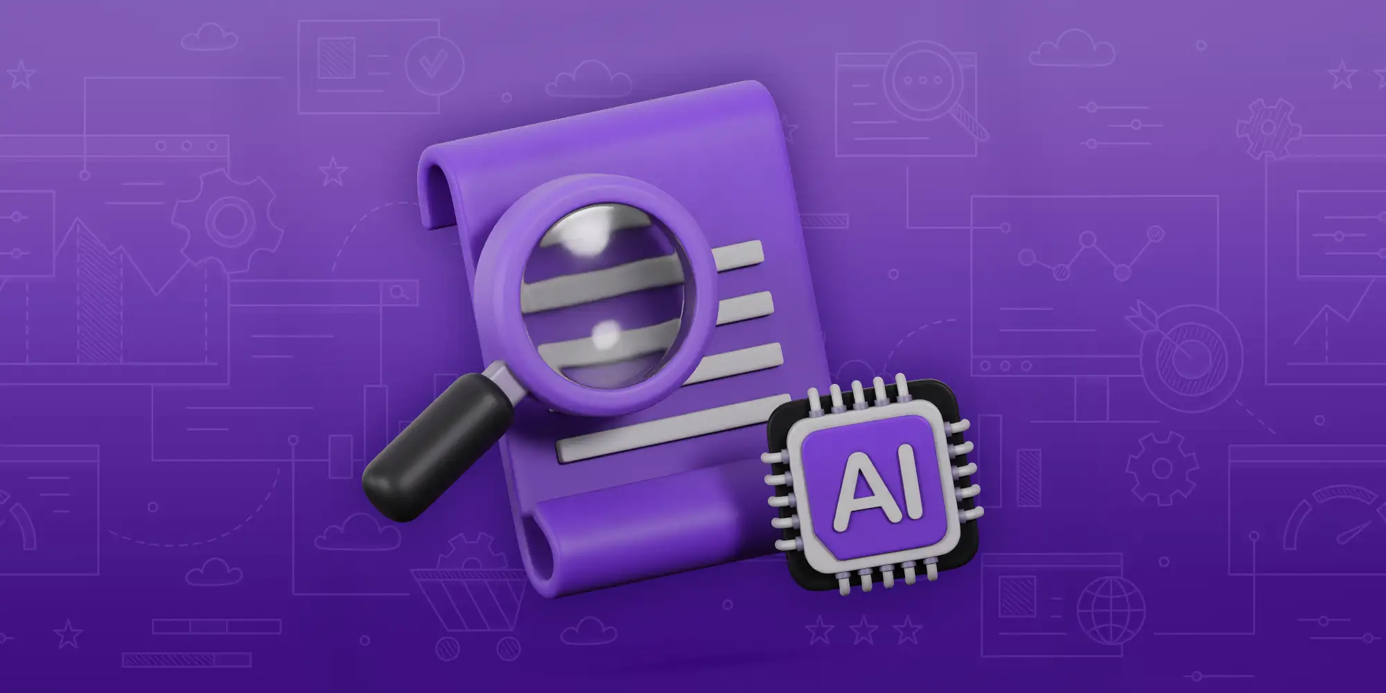 AI chip and magnifying glass on a document