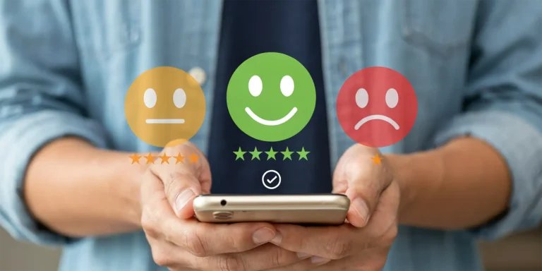 person holding mobile phone giving 5-star review