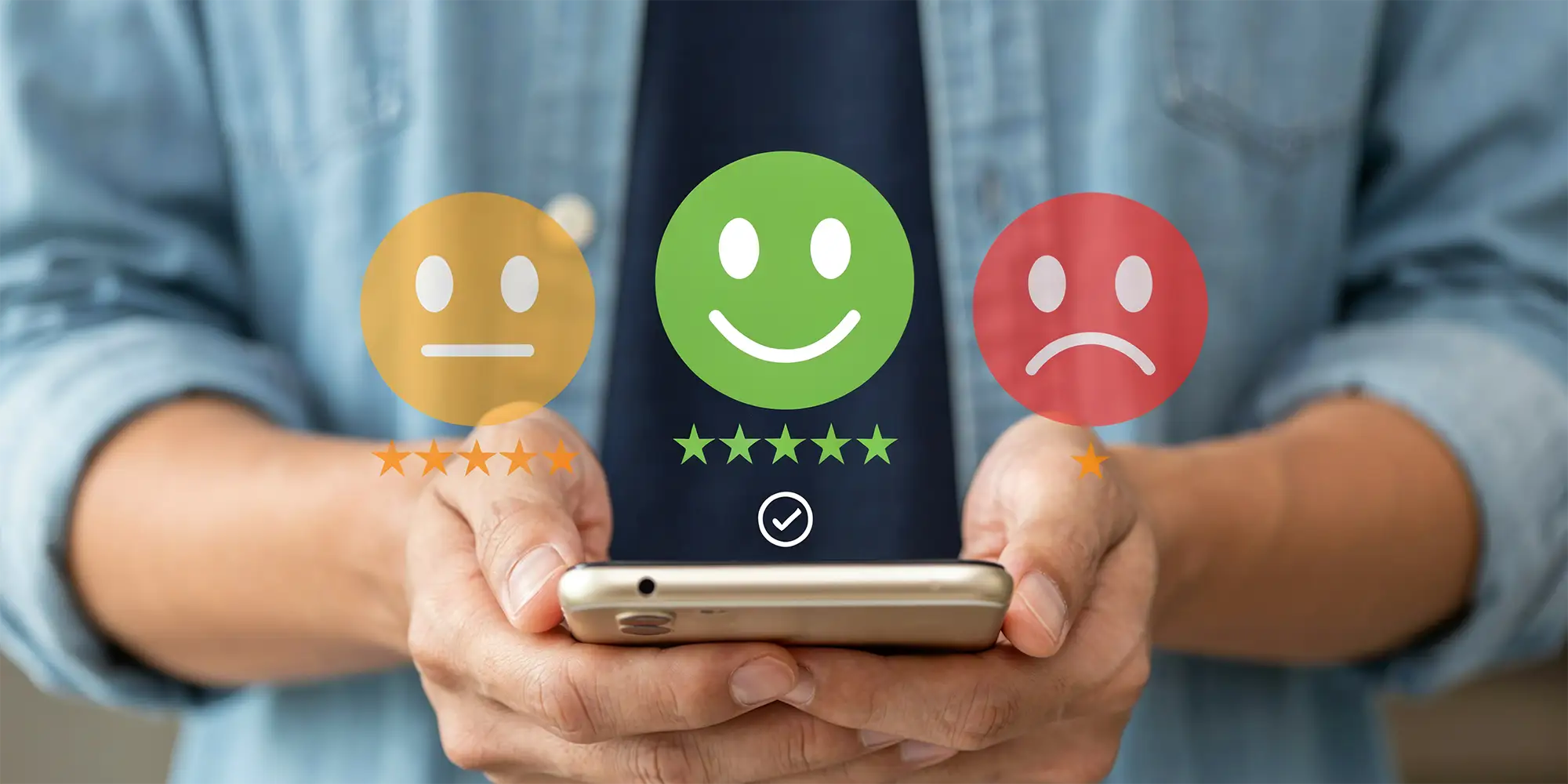 person holding mobile phone giving 5-star review