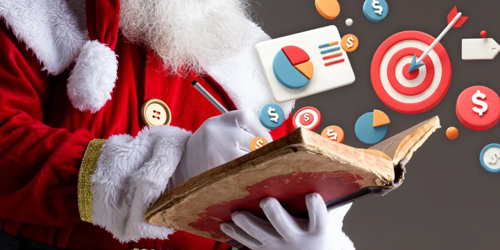 Santa writing in a book about his marketing plan