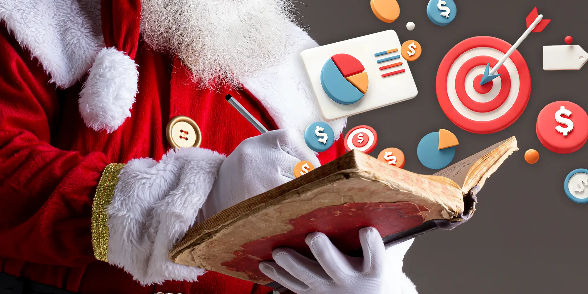 Santa writing in a book about his marketing plan